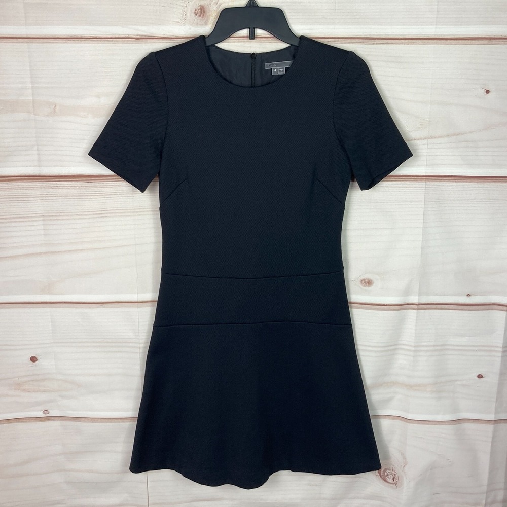 Vince Dress Womens 4 Blue A-Line Mini Short Sleeve Crew Neck Solid Banded Waist